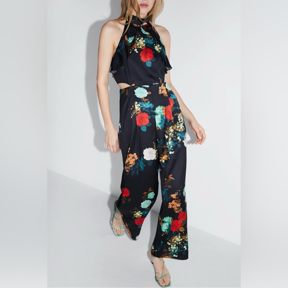 Zara Black Floral Halter Jumpsuit with Red & Teal Accents